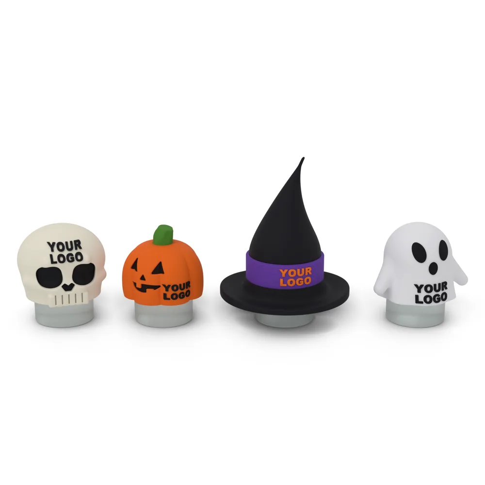 All four Boo Lids on jars: skull, pumpkin, witch hat and ghost