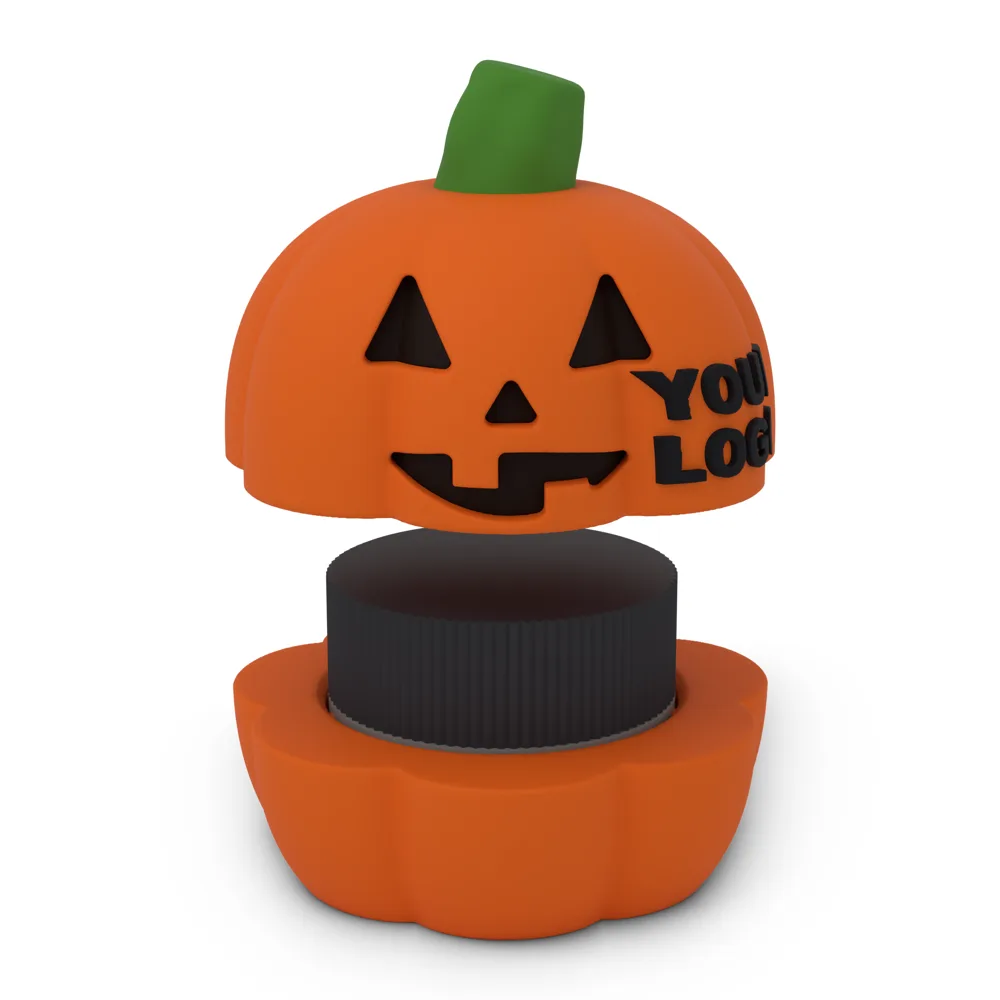 Jar-o'-Lantern with the crown lifted off: the crown grips the jar's lid, and the jar sits in the pumpkin base