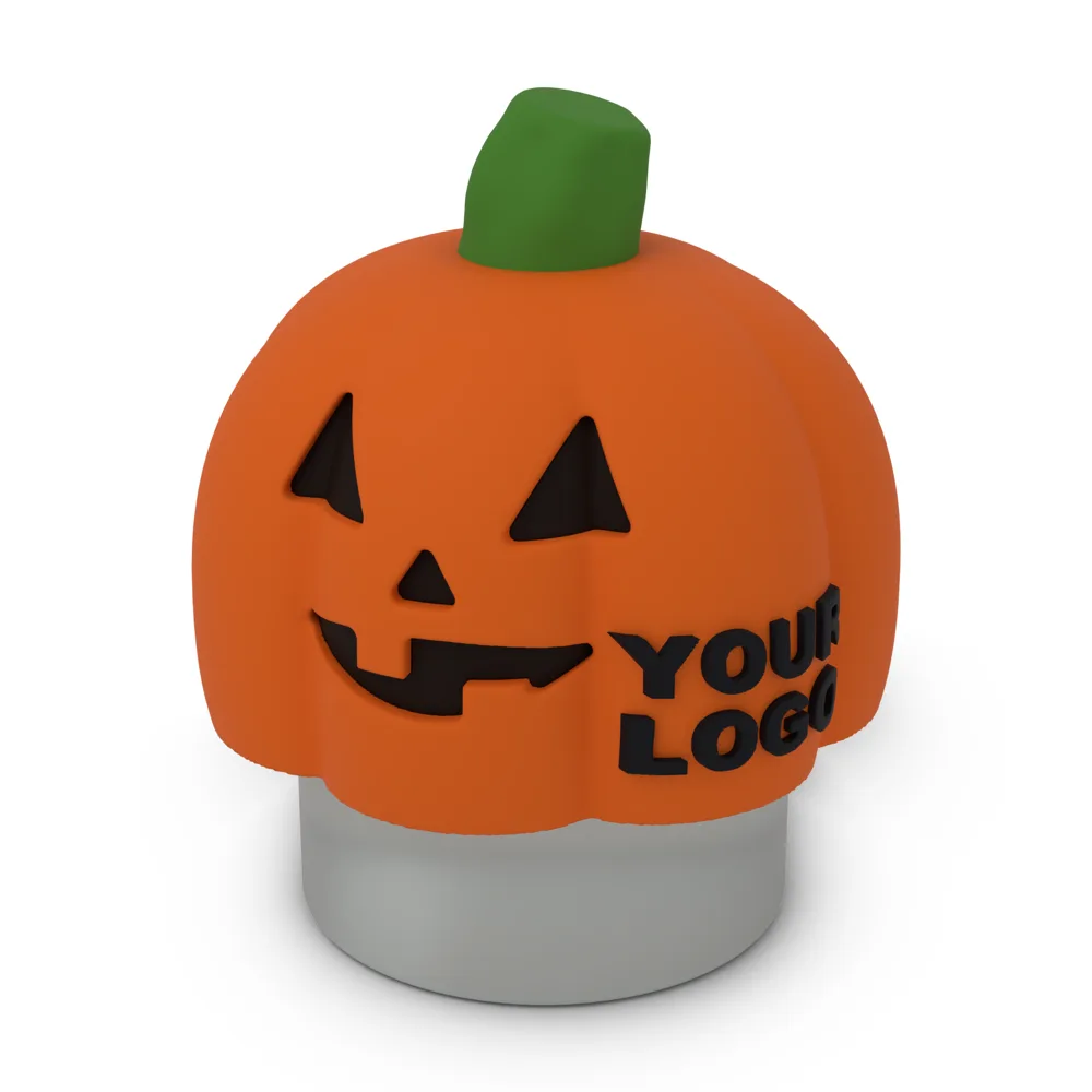 Pumpkin Boo Lid on a jar: carved black face, green stem, YOUR LOGO on the side