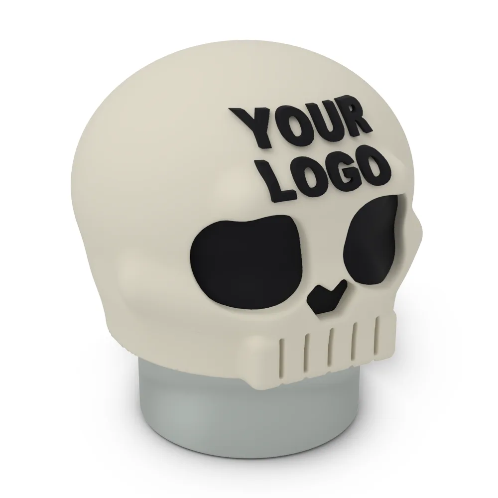 Skull Boo Lid on a jar: bone white, black eyes and teeth, YOUR LOGO across the forehead