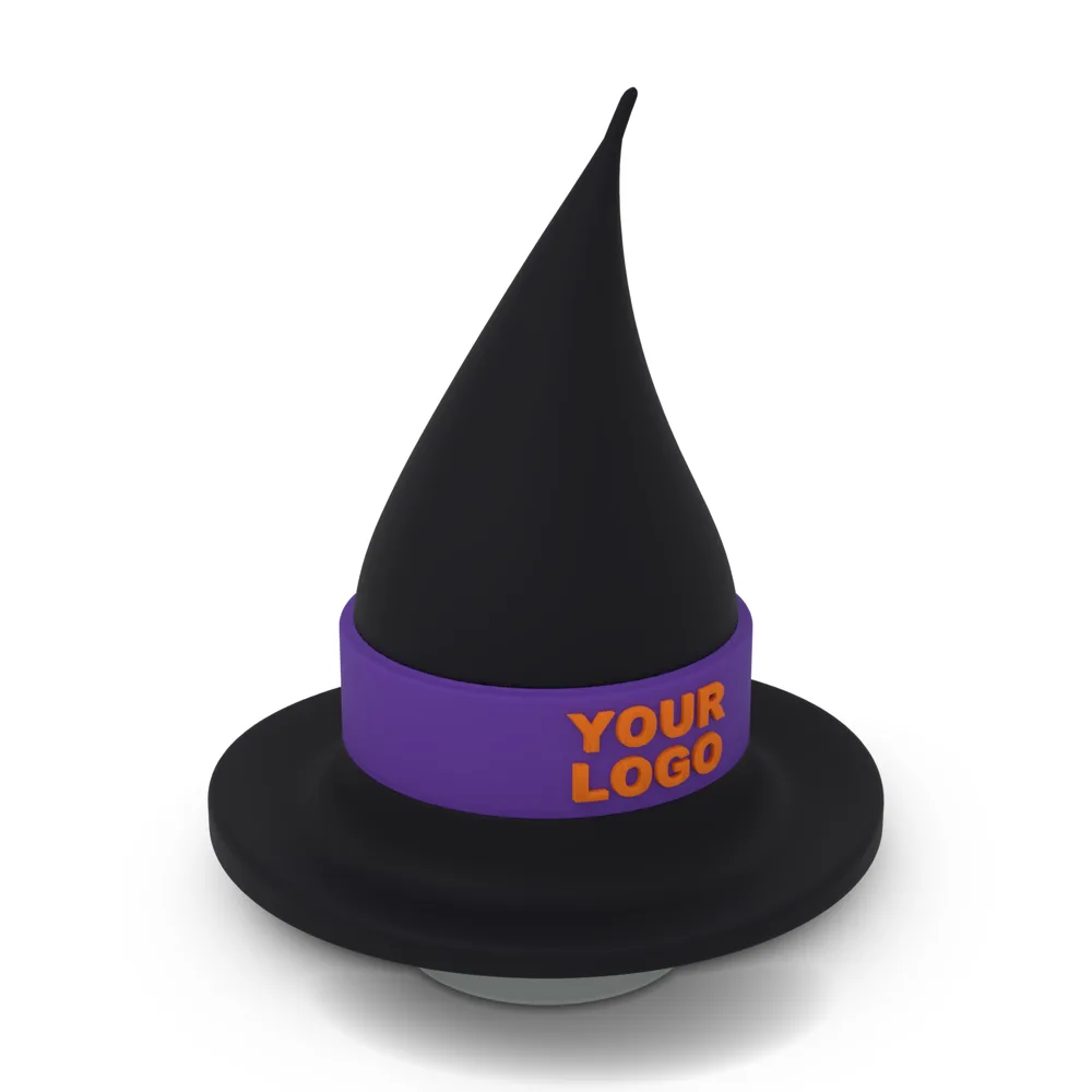 Witch Hat Boo Lid on a jar: a tall black hat with YOUR LOGO in orange on the purple band