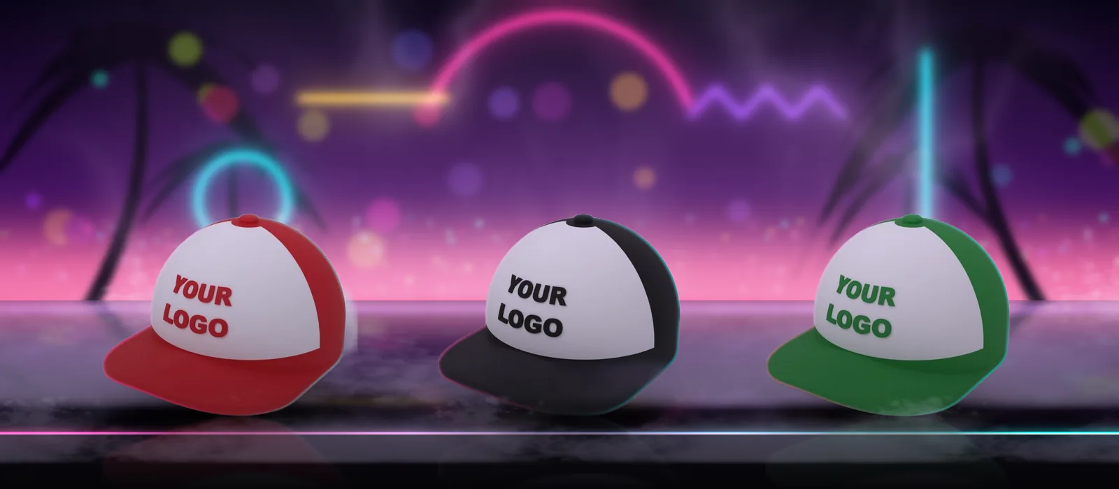 Jar Hats en rojo, negro y verde sobre un mostrador con luz de neón, cada uno con YOUR LOGO en un panel blanco al frente