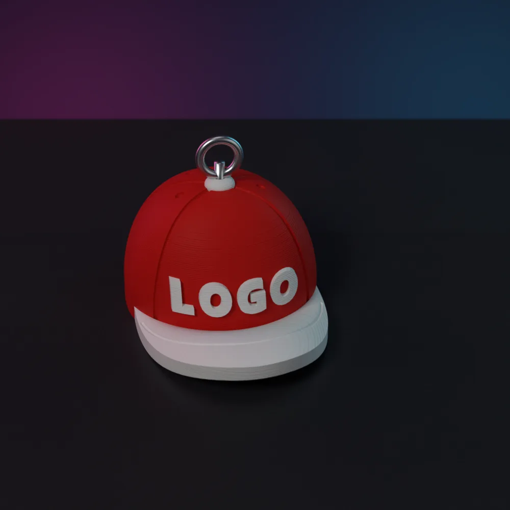 Render of a finished Cap Keychain on the print bed, with its screw eye