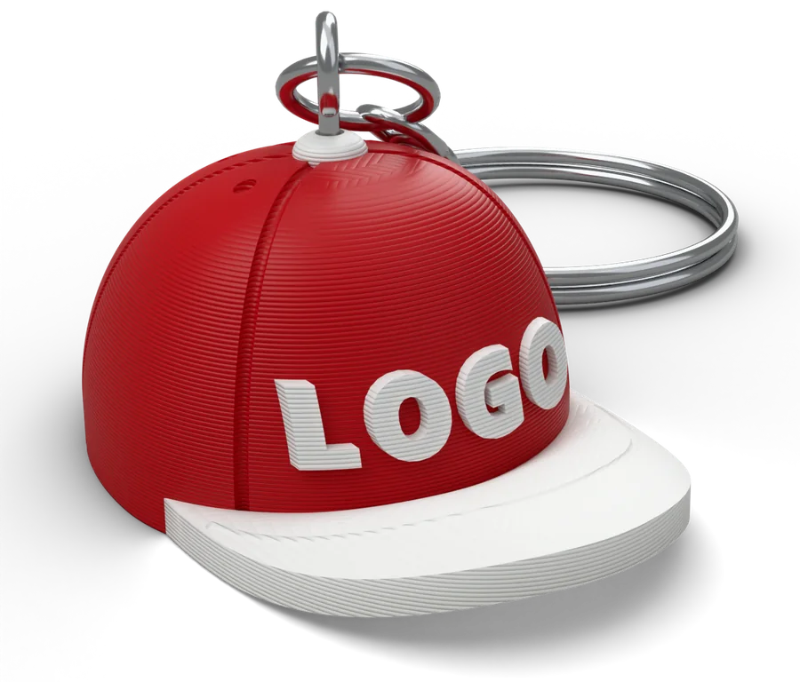 Cap Keychain: a red mini snapback with LOGO on the crown, on a metal key ring