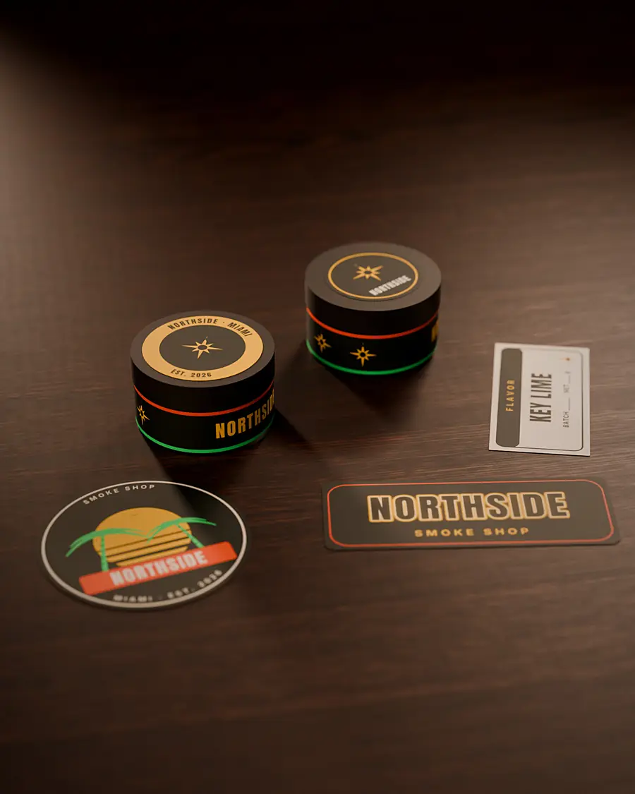 Custom lid labels and stickers for a smoke shop on a counter