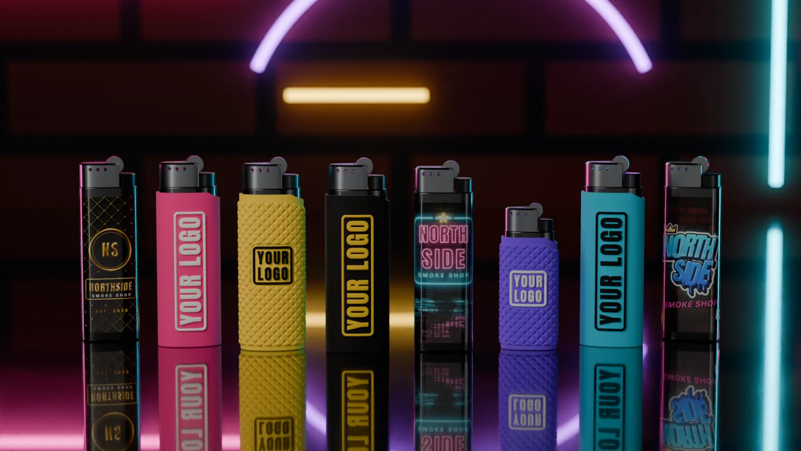 Ocho encendedores de bolsillo en fila sobre un mostrador brilloso bajo luz de neón: fundas suaves en rosado, amarillo dorado, negro, morado y cian con YOUR LOGO en relieve, y forros a todo color que dicen NORTHSIDE SMOKE SHOP.