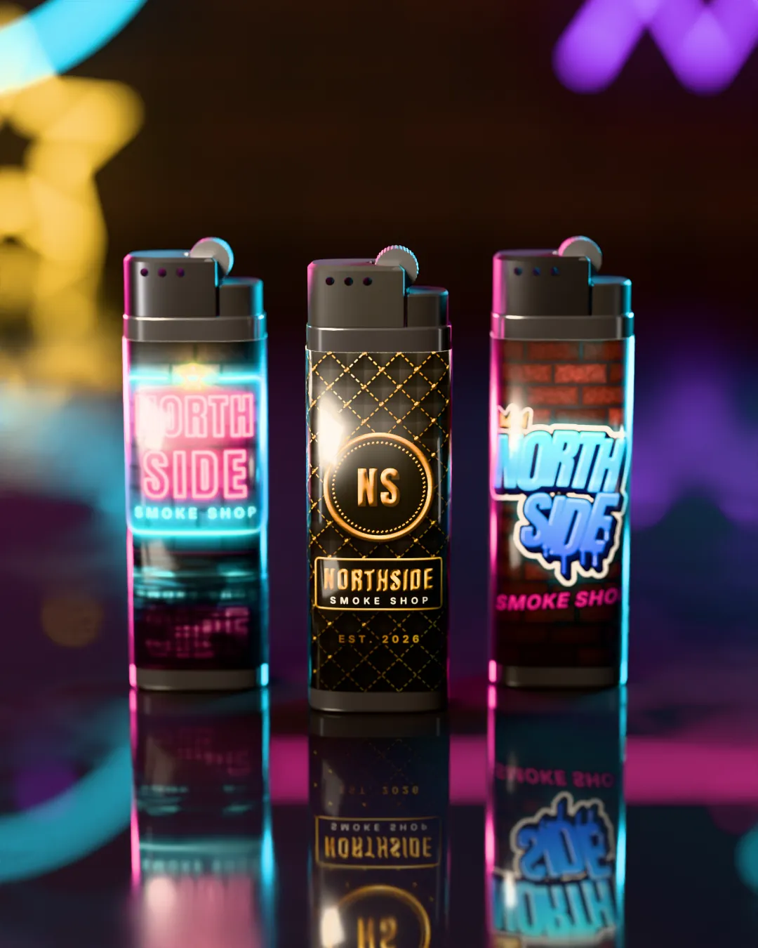 Tres encendedores de bolsillo con forros a todo color: un letrero de neón NORTH SIDE rosado y cian, un forro negro acolchado con un emblema NS dorado, y un grafiti azul de NORTH SIDE sobre ladrillo.