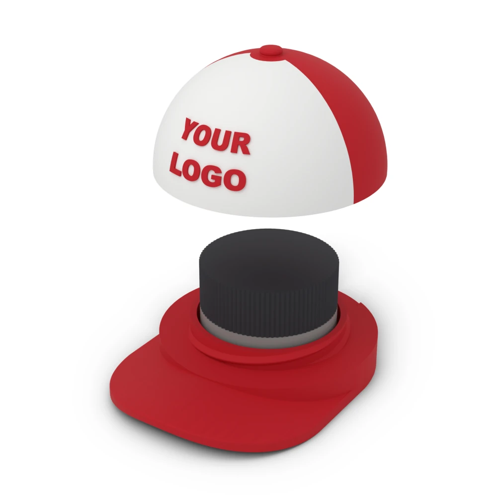 Red Jar Hat render: a mini cap with a blank white front panel, ready for your logo
