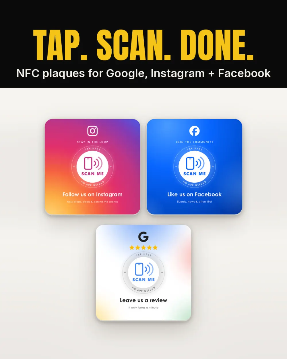 NFC review plaques for Google, Instagram and Facebook